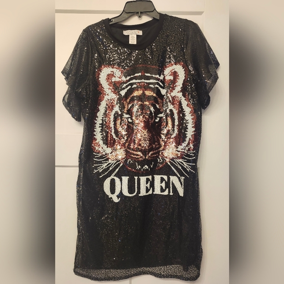 Ashley Stewart Dresses & Skirts - Ashley Stewart Black Sequin 'Queen' Tiger Graphic Dress